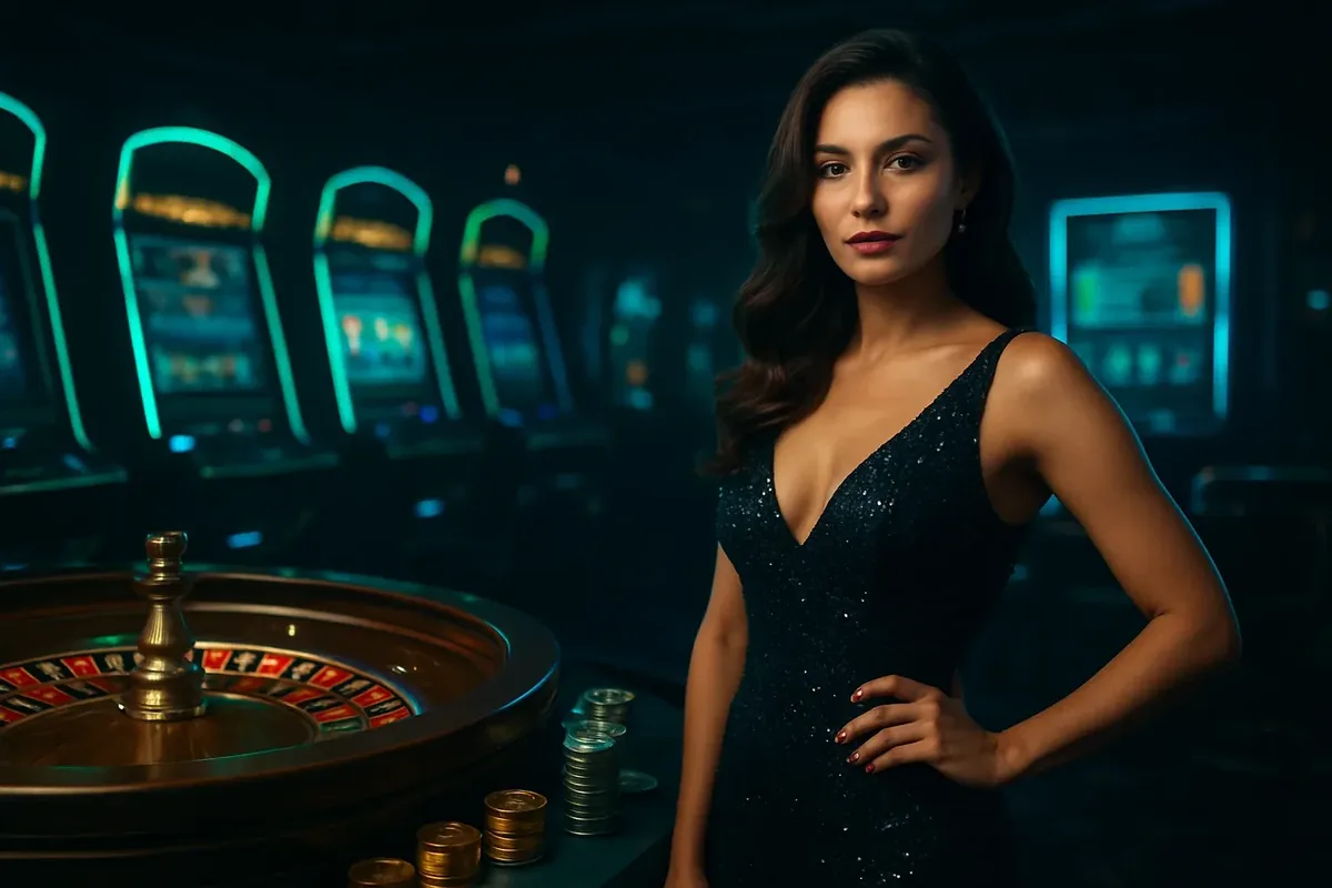 Confident woman in evening dress near roulette and slot machines with neon green and gold accents in a luxury Bangladeshi casino