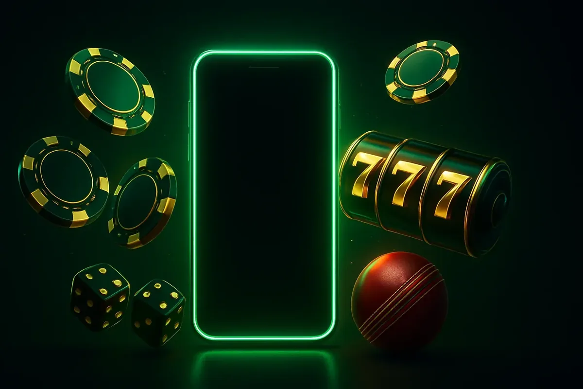 Glowing smartphone with casino chips, slot reels, dice, and cricket ball on dark luxurious background